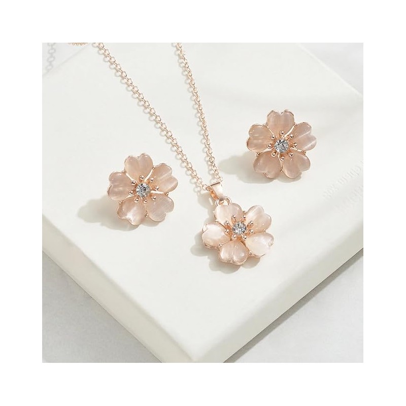 Pink Cat Eye Cherry Blossom Pendant Necklace Stud Earring Set