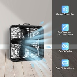 Comfort Zone Box Fan with Carry Handle, 20 inch, 3 Speed Full-Force Air Circulation with Air Conditioner, Floor Fan, Bedroom Fan, Airflow 15.03 ft/sec, Ideal for Home, Bedroom & Office, CZ200ABK