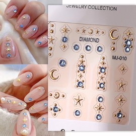 5D Embossed Nails Stickers, Trendy Self-Adhesive Nail Art Decals, Unique 3D Blue Rhinestones Nail Designs, Gold Gorgeous Nails Art Decoration, Nail Gems for Women