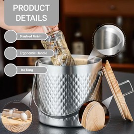 Sipoyen Stainless Steel Hammered Insulated Ice Bucket with Wooden Lid and Ice Tongs Holds 3L of Ice Keep Ice Colder Bar Cart Accessories Champagne Bucket for Party 3L