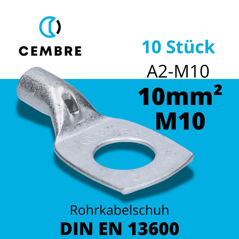 Cembre A2-M10 Tube Cable Lug 10 mm² M10 Uninsulated Tin-Plated