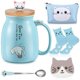 Uiifan 5 Pcs Cat Lover Gifts for Women Cat Gift for Mothers Day & Birthday - Ceramic Tea Cup with Lovely Kitty Lid, Kawaii Paw Spoon, Coaster, Socks & Makeup Bag for Mom, Friend, Women(Blue)