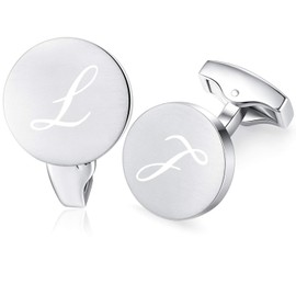HONEY BEAR Initial Alphabet Letter Cufflinks Round for Mens Wedding Business Gift,Stainless Steel Brushed Silver A-Z (L)