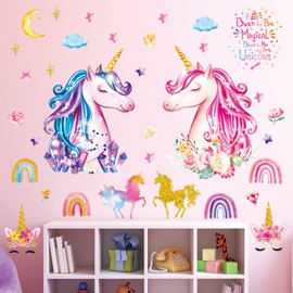 DECOWALL DS-8049 Large Colorful Unicorn Wall Stickers Rainbow Stars Decals for Kids Girls Baby Birthday Bedroom Nursery Living Room Art Home Decor Decoration Removable