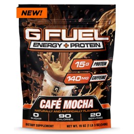 G Fuel Protein + Energy Drink Powder, Pre Workout Caffeine Mix for Gaming, Sugar Free Focus Amino, Vitamin + Antioxidants, 19oz (Cafe Mocha, 20 Servings)