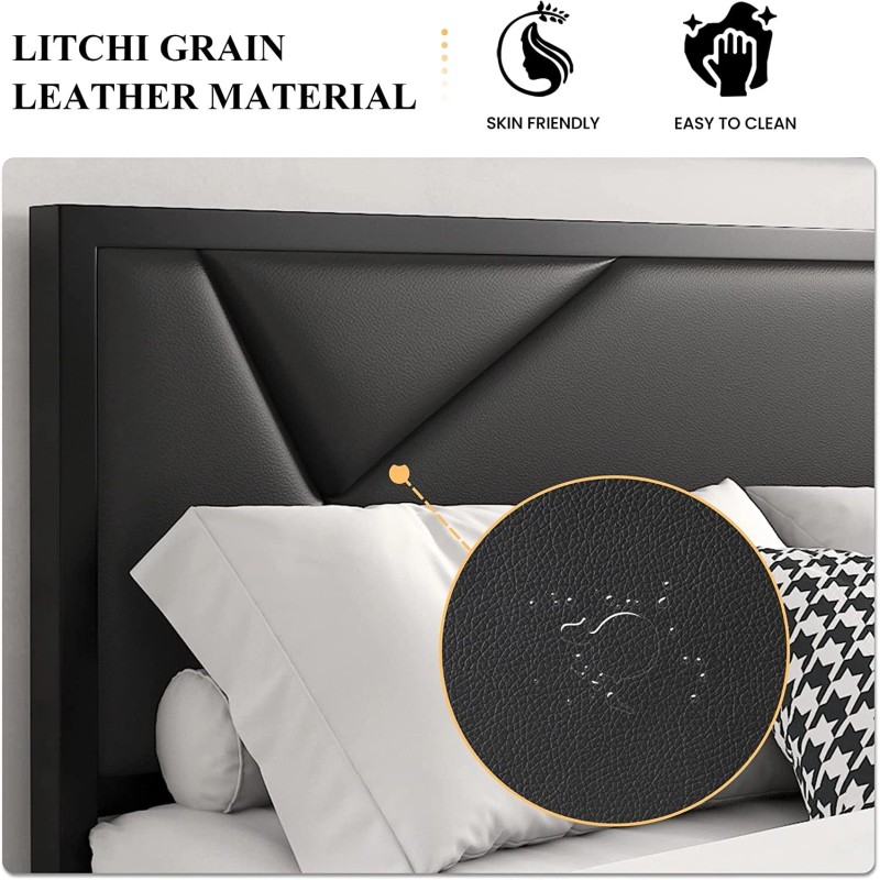 Lov4ever Metal Bed Frame with Geometric Litchi Grain Leather Headboard,