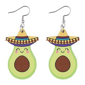 Mexican Cinco De Mayo Earrings Wooden Chili Pinatas Sombrero Cactus Guitar Maracas Dangle Drop Earrings for Women-Avocado