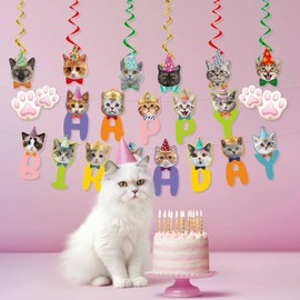 Cat Birthday Banner Cat Birthday Decorations Cats Face Paw Banner Garland Sign and 6PCS Hanging Swirls Pet Cats Themed Bday Party Decorations for Kids Boys Girls Cats Bday Party Supplies Hanging Decor