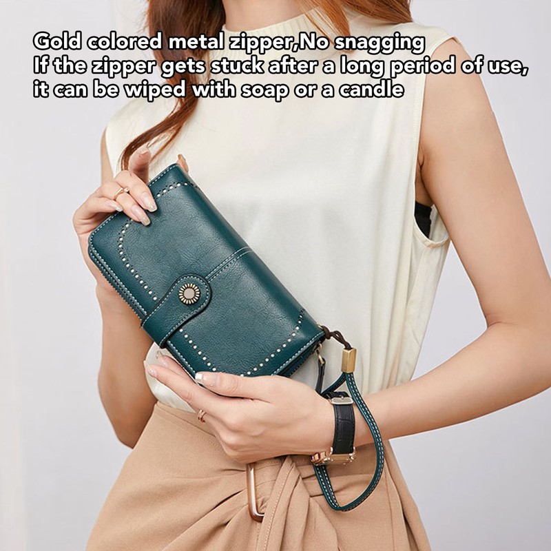 RFID Blocking Leather Wallet Large Capacity Double Snap Button Women