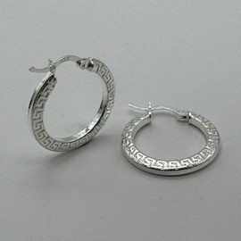 Women 925 Sterling Silver 24mm Greek Key Round Creole Hoop Earring, Clip-on Genuine Silver New Pairs