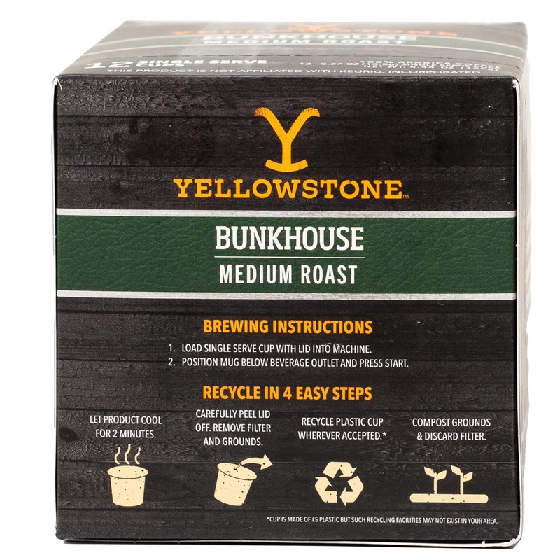 Yellowstone Bunkhouse Medium Roast Coffee, Single Serve Recyclable Pods/Cups, 100%