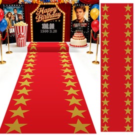 Woanger Plastic Movie Night Runner with Gold Star 30 μm Thickness Runner Rug Red Carpet Decor for Aisle Floor Runway Stage Stair Hallway Movie Theme Birthday Wedding Prom Party(3.3 x 29 Ft,Classic)