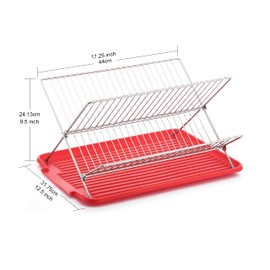 J&V TEXTILES Foldable Dish Drying Rack with Drainboard, Stainless Steel 2 Tier Drainer, Collapsible Folding Rack for Kitchen Sink, Countertop, Cutlery, Plates (Red)
