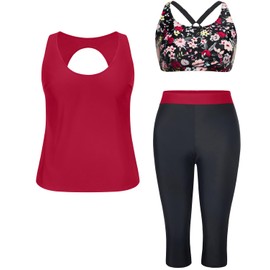 Yonique 3 Piece Plus Size Swimsuits for Women Tankini Tops with Sports Bra and Swim Capris Athletic Bathing Suit Red Floral Print 20 Plus