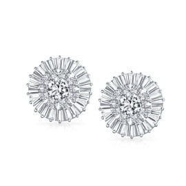 Bridal Wedding CZ Pave Round Cubic Zirconia Clip On Earrings For Women Non Pierced Ears Silver Plated Brass