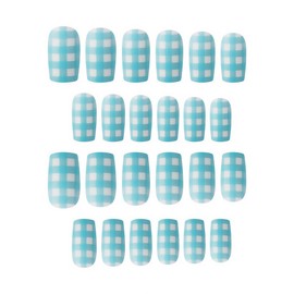 Water Blue Press on Nails Short Square Fake Nails Cute Matte False Nails Reusable Artificial Nails Checkerboard Pattern Full Cover Stick on Nails for Women Men Glue on Nails 24pcs