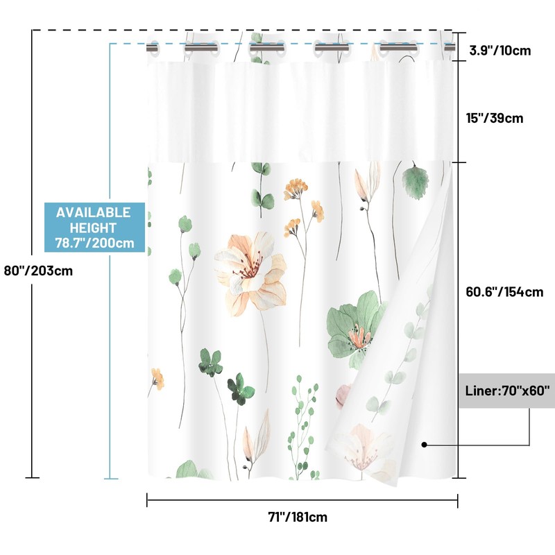 WITHLOC No Hook Shower Curtain with Snap in Liner -