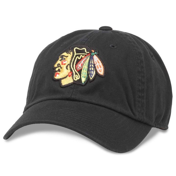 AMERICAN NEEDLE Chicago Blackhawks NHL Baseball Hat, Casual Relaxed Fit with Curved Brim, Adjustable Buckle Strap Dad Cap, Blue Line Collection, Black (40742A-CBH)