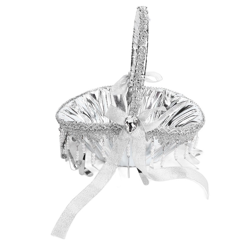 Wedding Flower Girl Basket Silver Hand Flower Basket Romantic Rhinestone