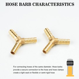 Profiwoab Y Piece Brass Hose Connector（8mm Fuel Hose Connector 2 PCS Y-Shaped Brass Three-Way Hose Barb Joints with 6 PCS 304 Stainless Steel Pipe Clamps,for Water Air Fuel Gasoline Hose Barb Fitting