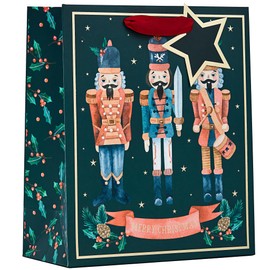 Design By Violet Merry Christmas Nutcracker Gift Bag with Red Handle and Star Gift Tag Xmas Gift Wrap Medium
