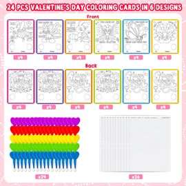 Valentines Day Cards for Kids School, 24 Stacking Heart Crayons with 24 Valentines Day Insect Coloring Exchange Cards for Kids Classroom Treats Prizes Supplies Valentines Party Favors for Boys Girls