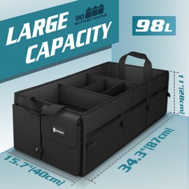 Sposuit Extra Large Trunk Organizer 98L Collapsible Car Storage Trunk Organizer with Removable Dividers & Adjustable Securing Straps for Car SUV Van