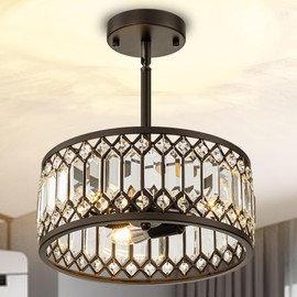 3-Light Crystal Ceiling Light, Black Semi Flush Mount Ceiling Lighting Fixture with Drum Shade, Dia 12" Lighting Fixtures for Hallway, Kitchen, Entryway, Bedroom, Laundry Room