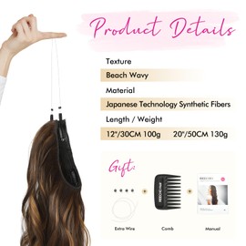 REECHO Invisible Wire Hair Extensions with Thinner Softer Lace Weft Adjustable Size Removable Secure Clips in Wavy Hairpiece for Women 12 Inch (Pack of 1), Chocolate Brown with Golden Highlights