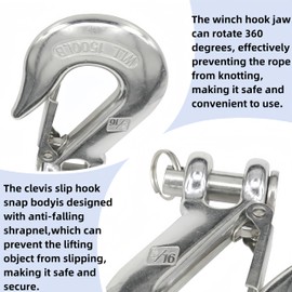 MAMDAFAON 5/16 Inch Safety Chain Hook with Latch,Heavy Duty Clevis Slip Hook Lifting Hook Winch Hook Tow Hook for Chain,304 Stainless Steel Crane Grab Hook Trailer Chain Hook,Capacity 1500Lbs