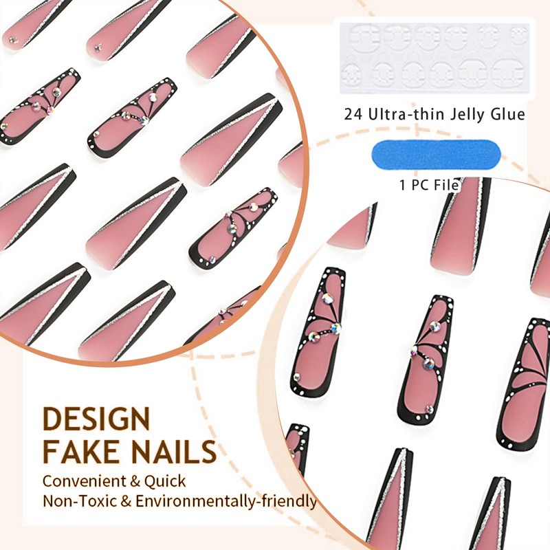 GlamRays Long Coffin Black Shiny Full Perimeter Acrylic Nails Extra