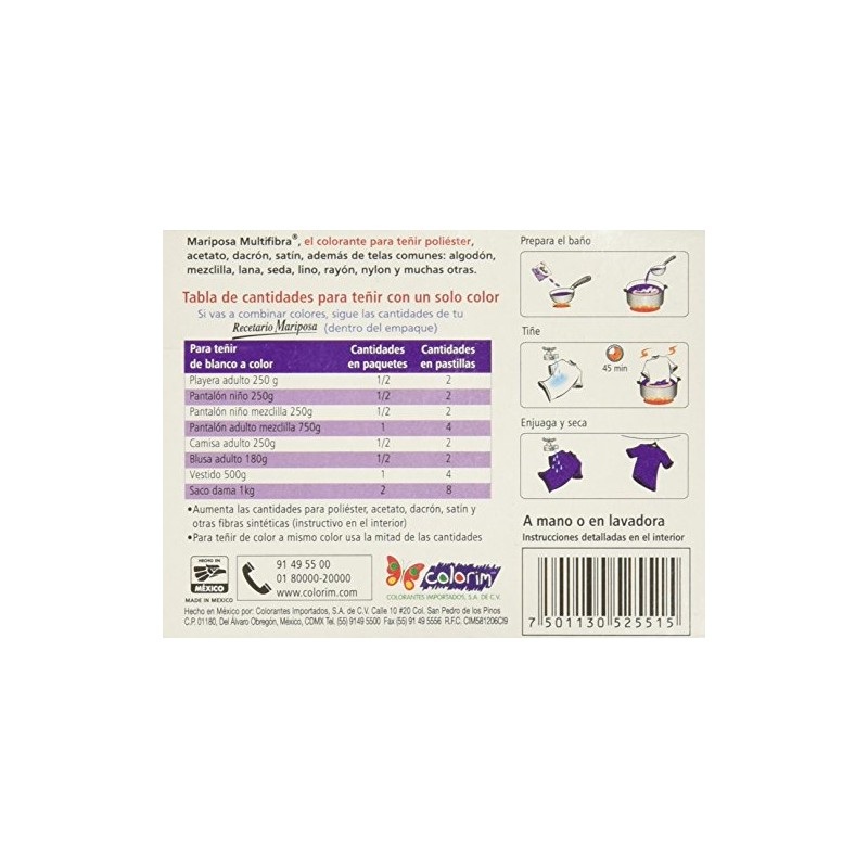 Mariposa Colorante para Ropa, Pastillas de color Violeta Numero 127,