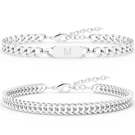 2PCS Initial Letter Cuban Bracelet, A-Z Letter Pendant Stainless Steel Silver Cuban Link Chain for Men Women Jewelry Set Valentines Day Birthday Christmas Gift for Him Her M