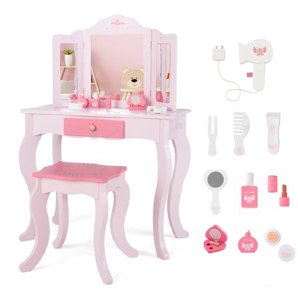 INFANS Kids Vanity, 2 in 1 Princess Makeup Desk and Stool Set with Tri-Folding Detachable Mirror 10 Accessories Wooden Dressing Table, Pretend Play Vanity Set for Toddler Girls