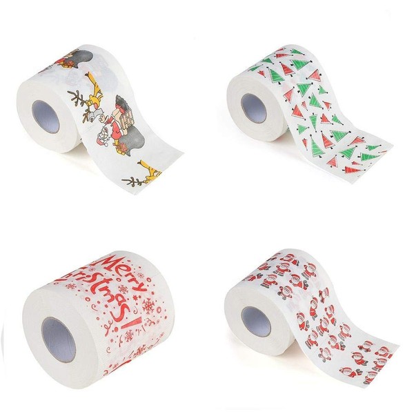 MOTZU 4 Pieces Xmas Toilet Paper, Prints Funny Merry Christmas Pattern Toilet Paper For Living Room, Kitchen, Bedroom, Bathroom And Holiday Decoration