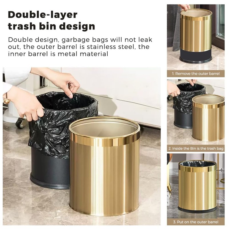 LEASYLIFE 14L/2.6GAL，Gold Bathroom Trash can,Brushed Brass Garbage can,Small Gold Wastebasket