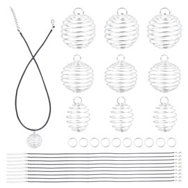 PandaHall Elite 24 Pieces 30/25 / 15 x 25 / 20 / 14 mm 3 Size Silver Iron Spiral Bead Cages Pendant with 24 Pieces 17 Inch Black Faux Leather Cord Chain for Jewellery Making