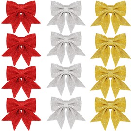 12Pack Red Gold Silver Bows for Christmas Tree,Small Glitter Wreaths Bows Christmas Bows for Tree Decorations,Xmas Tree Bows,Sequin Bows Ties Ornaments for Christmas Tree,Wreaths,Garland Decorations