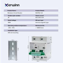 KERWINN Miniature Circuit Breaker 500V DC Circuit Breaker 2Pole 100Amp Smart Circuit Breaker DIN Rail Mount for Marine Power Systems,Solar photovoltaic Systems(C100A)