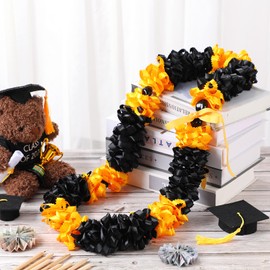 Knitgrip 47 Inch Hawaiian Graduation Leis Class of 2026 Grad Ribbon Leis Necklace Hawaiian Flower Garland with Kukui Nut for Man Woman Graduation Party Supplies(Black and Gold)