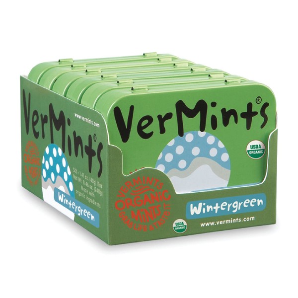 Organic Breath Mints by VerMints, Wintergreen Flavor, All Natural, Non-GMO, Nut Free, Gluten Free, Vegan, KSA Kosher, Pack of 6, 1.41oz Tins