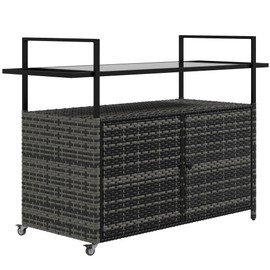 Outsunny PE Rattan Outdoor Bar Table, Outdoor Kitchen Island with 2-Tier Shelf & Cabinet, Patio Serving Cart with Glass Top, Handles, Towel Racks for Poolside, Garden, Mixed Gray