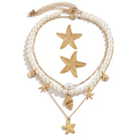 CHENYUOUYANG 5 PCS Ocean Starfish Necklaces with Starfish Earrings, Marine Collection Shell Necklacess, Layered Charm Necklace Set, Pearl Necklaces for Women Girls, Beach Necklace Jewelry Set