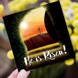 Religious Easter Cards - He is Risen, pack of 5 cards with white envelopes, with Bible verse inside these Christian Easter cards, by Just Cards Direct