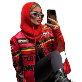 YILEEGOO Women Hooded Scarf Winter Warm Knitted Drawstring Balaclava Casual Beanie Hat (Red, One Size)