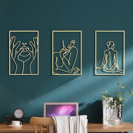 3 Pcs Gold Metal Wall Art Decor- Elegant, Stylish Female Body Line Art with 3D Shadow Effect- Abstract, Minimalist Wall Art for Bedroom, Living Room & More - Modern, Gold Accent Decor