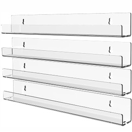 Cq acrylic 4 Pack Acrylic Clear Floating Bookshelf for Kids Room,15" Invisible Wall Mounted Hanging Book Shelves,U Modern Picture Ledge Display Toy Storage Vinyl Record Wall Shelf,Clear