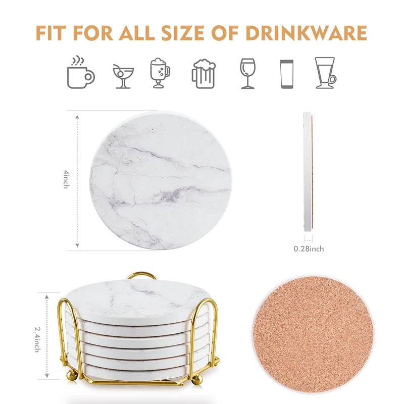 White Coasters,Geichan Coasters Set of 6, Ceramic Marble Coaster with