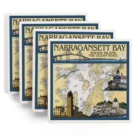 Lantern Press Narragansett Bay, Rhode Island, Nautical Chart (Absorbent Ceramic Coasters Set of 4 Matching Images, Cork Back, Kitchen Table Decor)