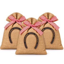 12 Pcs Western Party Burlap Bags 7 x 5 Inch Drawstring Cowboy Gift Bags with Horseshoe Red Plaid Ribbon Rustic Treat Favor Bag for Western Cowgirl Party Wedding Candy Goodie Favors